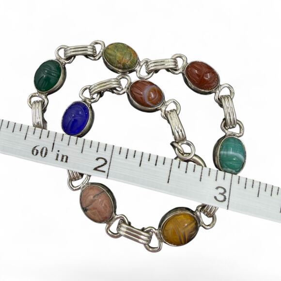 Vintage Gold Filled Scarab Bracelet Genuine Stones Chalcedony Onyx Tiger Eye - Picture 7 of 8